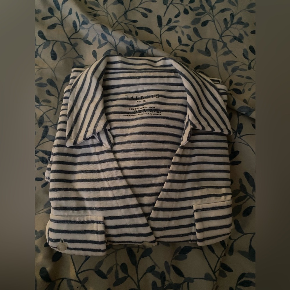 Talbots Petite Striped V-Neck Sweater - White & Navy